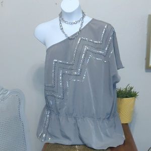 Open shoulder plus size sequin accent top
